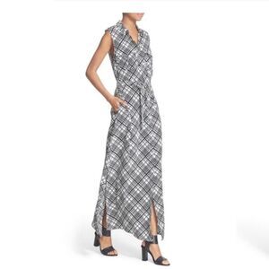 Equipment Silk Plaid Shirt Dress Belted Long Maxi Sleeveless Black White Size XS
